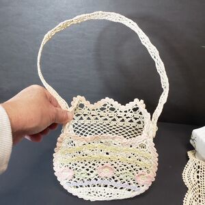 Vintage Crochet Pastel Delicate Lace Easter Starched Basket NEED Repairing